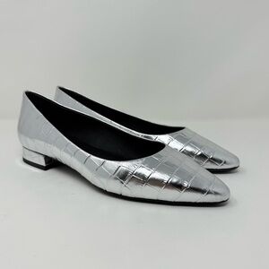 New Aquatalia Penina Flat Pointed Toe Croc Embossed Silver Sz 9